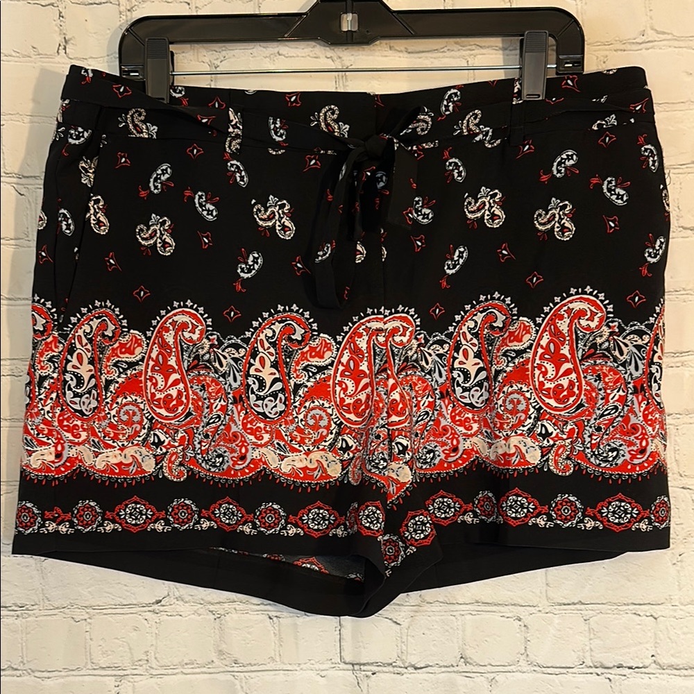 Ann Taylor Loft Black and Red Paisley Print Shorts with tie belt